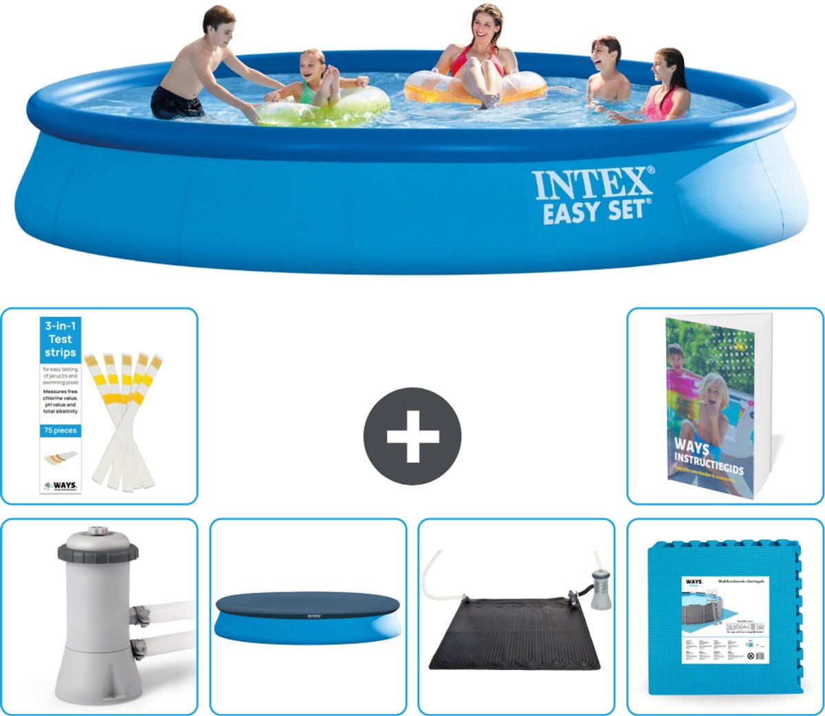 Intex Rond Opblaasbaar Easy Set Zwembad - 457 x 84 cm - Blauw - Inclusief Pomp - Afdekzeil - Solar Mat - Vloertegels - 7-delig
