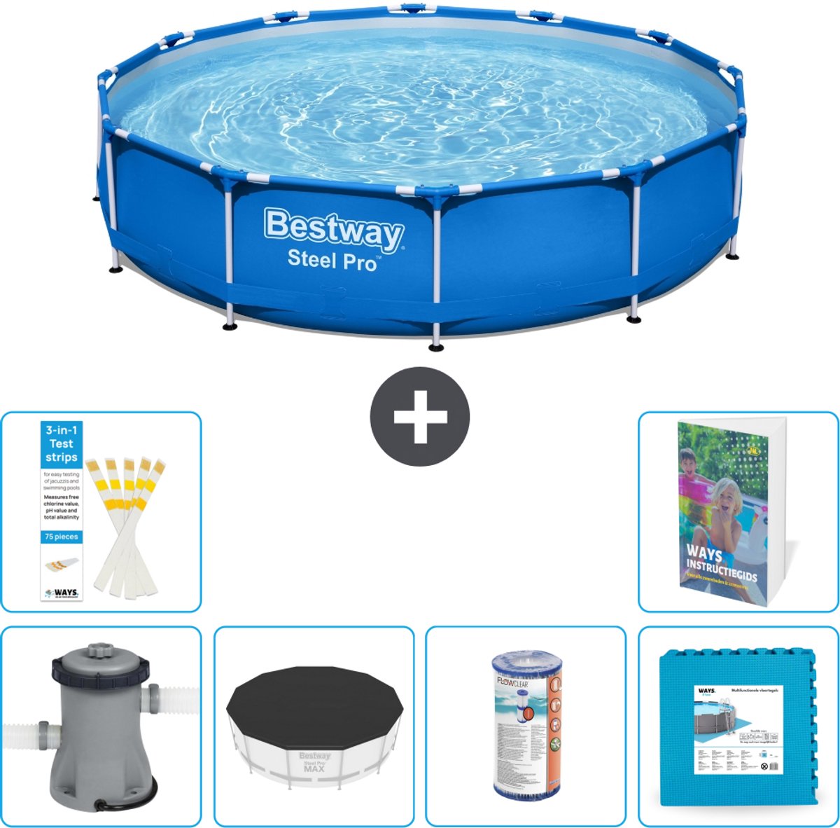 Bestway Rond Steel Pro Zwembad - 366 x 76 cm - Blauw - Inclusief Pomp - Afdekzeil - Filter - Vloertegels - 7-delig