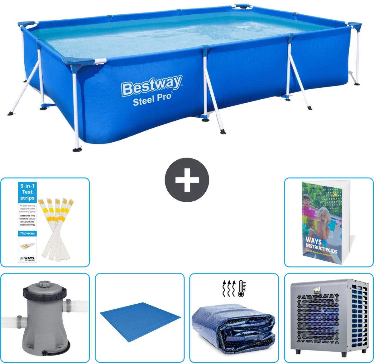 Bestway Rechthoekig Steel Pro Zwembad - 300 x 201 x 66 cm - Blauw - Inclusief Pomp - Grondzeil - Solarzeil - Warmtepomp - 7-delig