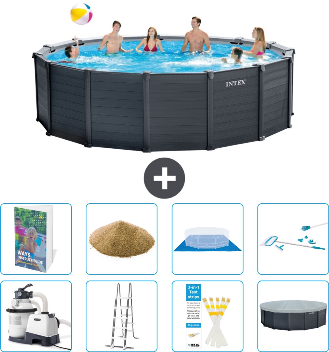 Intex Rond Graphite Gray Panel Zwembad - 478 x 124 cm - Inclusief Pomp - Ladder - Grondzeil - Afdekzeil - Filterzand - Schoonmaakset - 9-delig