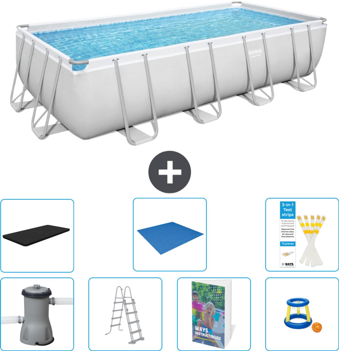Bestway Rechthoekig Power Steel Zwembad - 488 x 244 x 122 - Grijs Inclusief Pomp - Ladder - Afdekzeil - Grondzeil - Speelgoed - 8-delig
