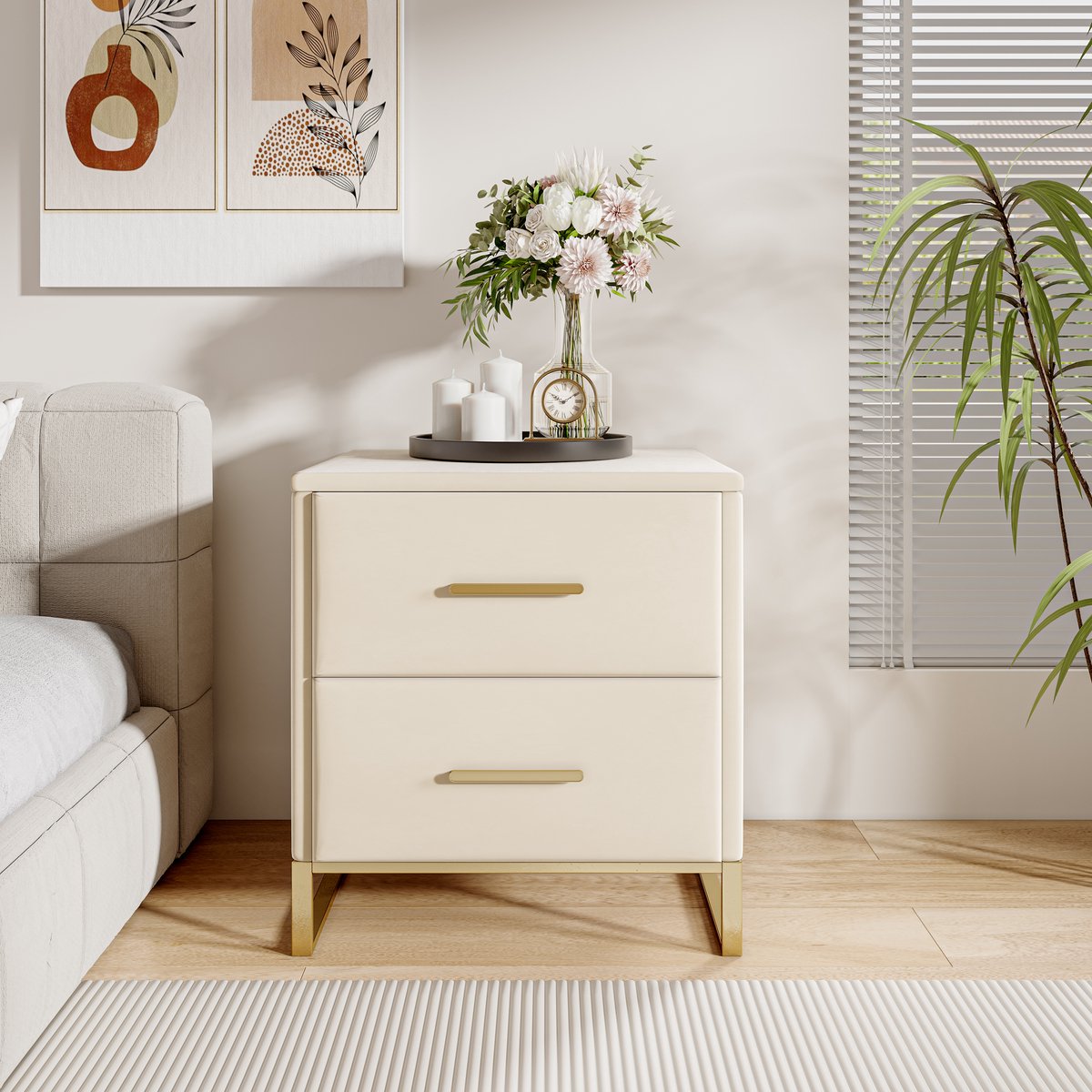 Set van 2 Velvet Nachtkastjes Beige – Luxe Nachtkastje met 2 Laden, Gouden Handgrepen & Metalen Onderstel – Modern Slaapkamerkastje