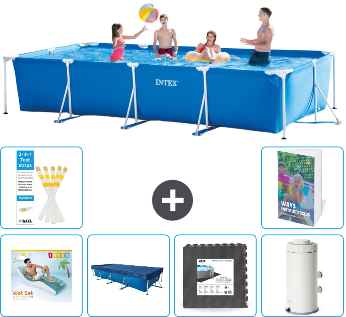 Intex Rechthoekig Frame Zwembad - 450 x 220 x 84 cm - Blauw - Inclusief Loungebed - Afdekzeil - Vloertegels - Zwembadfilterpomp - 7-delig