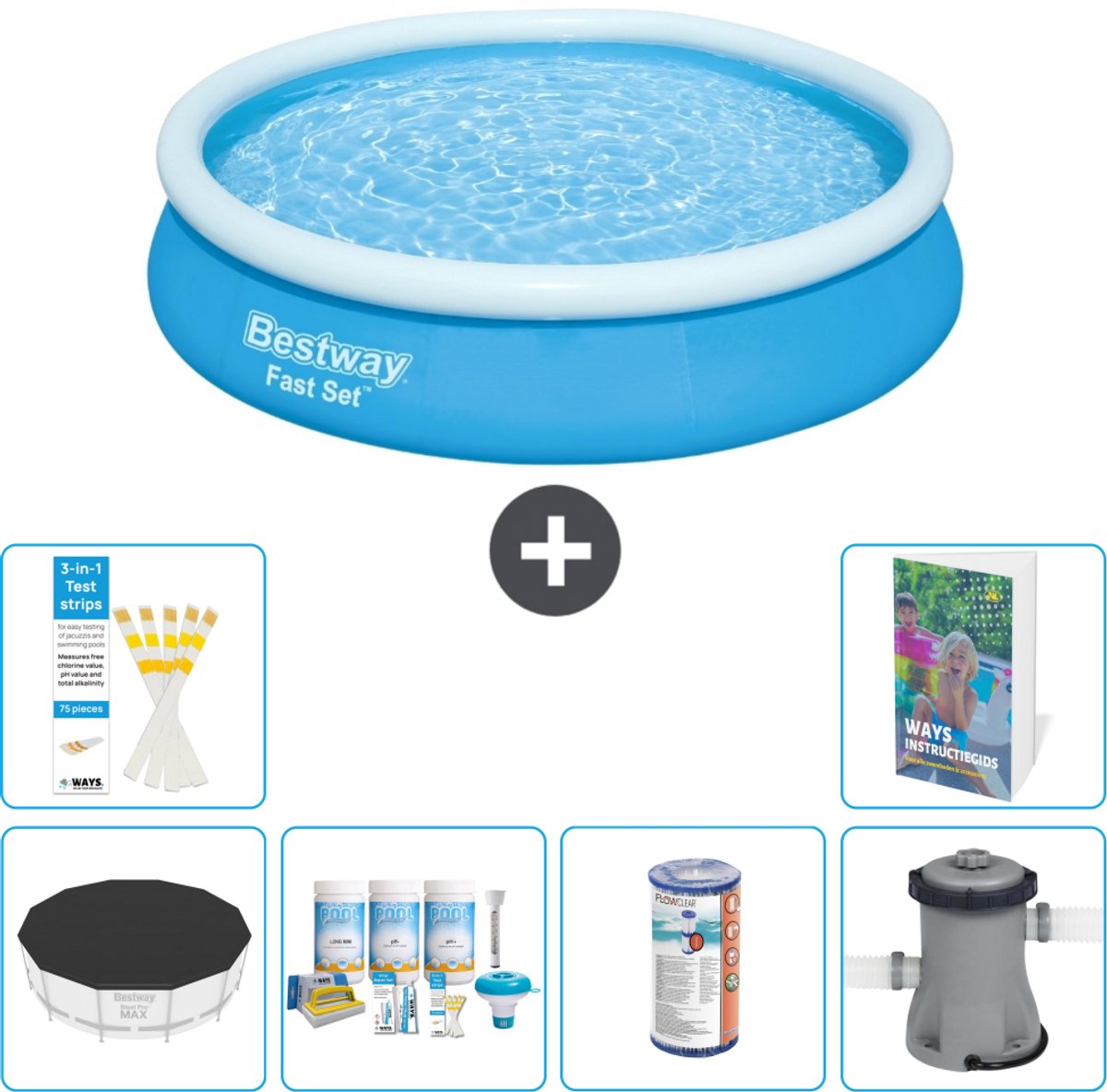 Bestway Rond Opblaasbaar Fast Set Zwembad - 366 x 76 cm - Blauw - Inclusief Afdekzeil - Onderhoudspakket - Filter - Zwembadfilterpomp - 7-delig