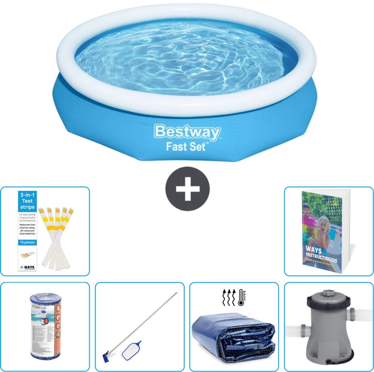 Bestway Rond Opblaasbaar Fast Set Zwembad - 305 x 66 cm - Blauw - Inclusief Filter - Schoonmaakset - Solarzeil - Zwembadfilterpomp - 7-delig