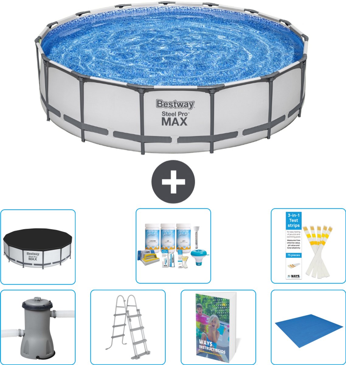Bestway Rond Steel Pro MAX Zwembad - 457 x 107 cm - Grijs - Inclusief Pomp - Ladder - Afdekzeil - Onderhoudspakket - Grondzeil - 8-delig