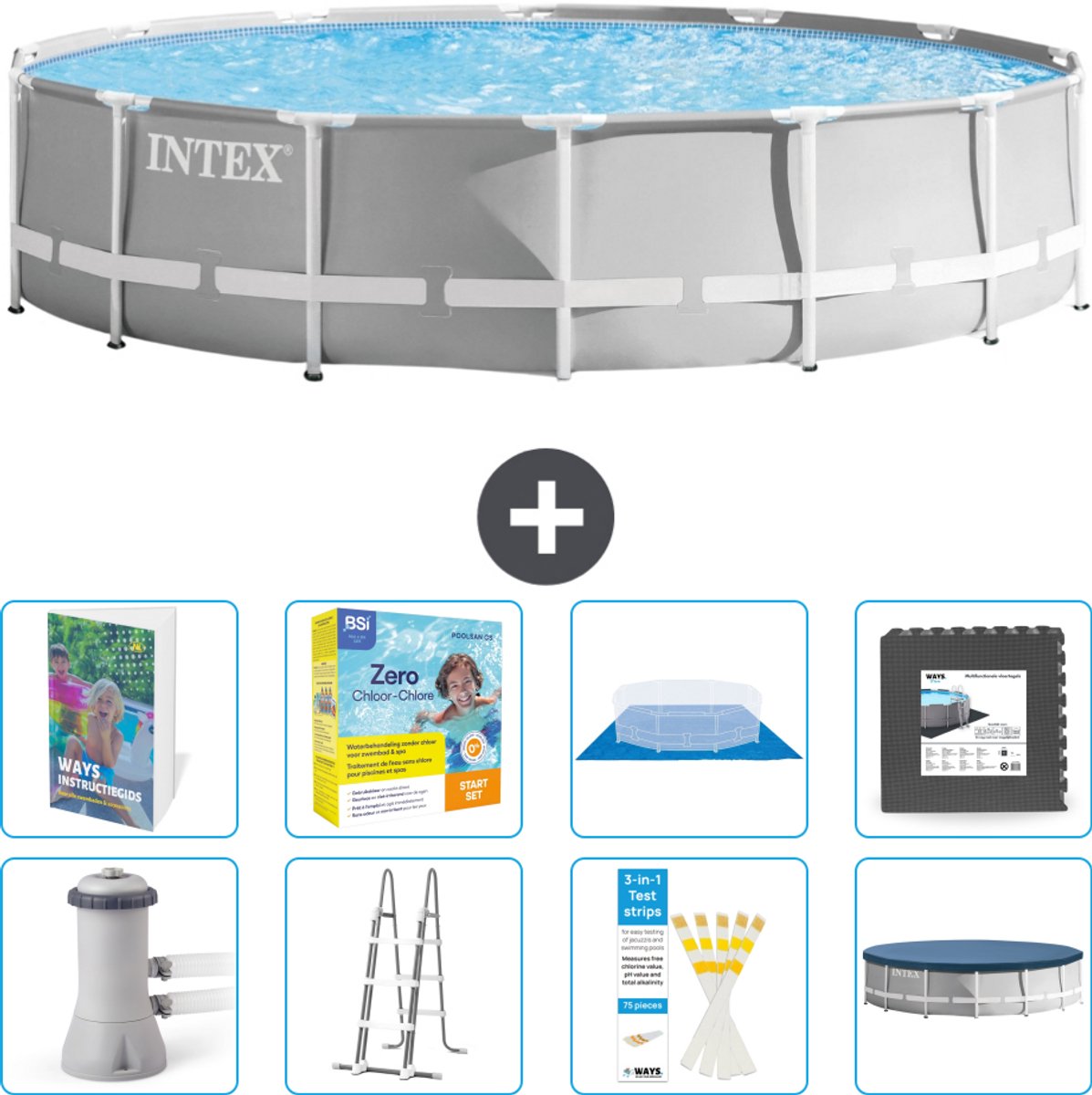 Intex Rond Prism Frame Zwembad - 427 x 107 cm - Grijs - Inclusief Pomp - Ladder - Grondzeil - Afdekzeil - Onderhoudspakket - Vloertegels - 9-delig