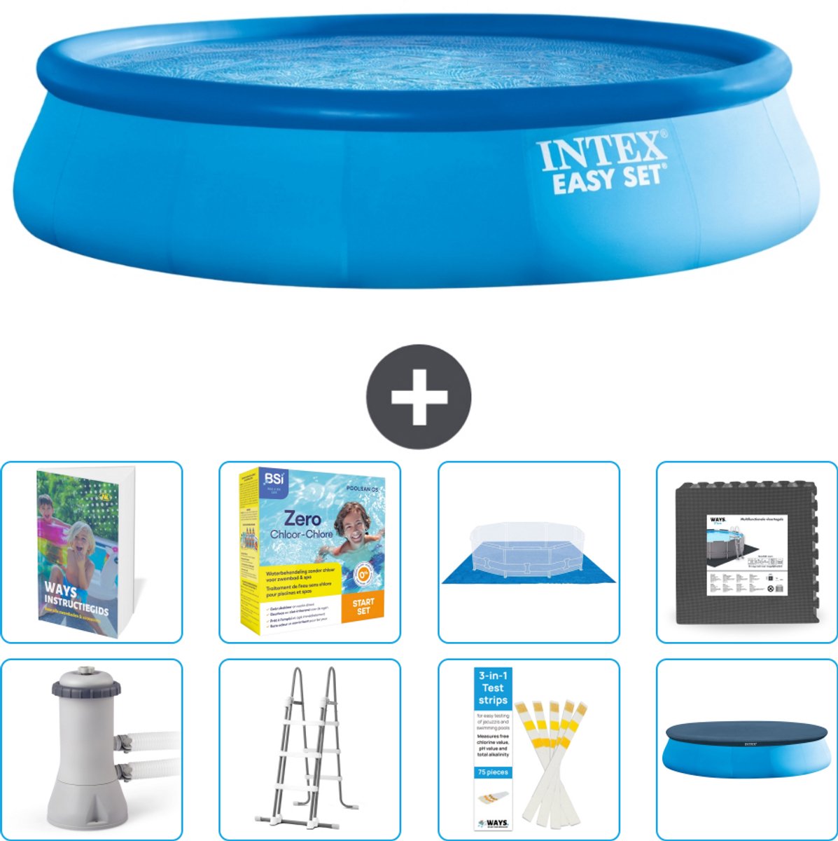Intex Rond Opblaasbaar Easy Set Zwembad - 457 x 107 cm - Blauw - Inclusief Pomp - Ladder - Grondzeil - Afdekzeil - Onderhoudspakket - Vloertegels - 9-delig