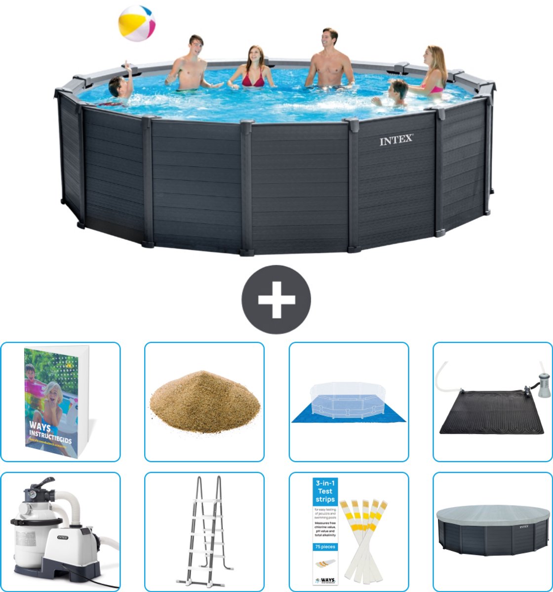 Intex Rond Graphite Gray Panel Zwembad - 478 x 124 cm - Inclusief Pomp - Ladder - Grondzeil - Afdekzeil - Filterzand - Solar Mat - 9-delig