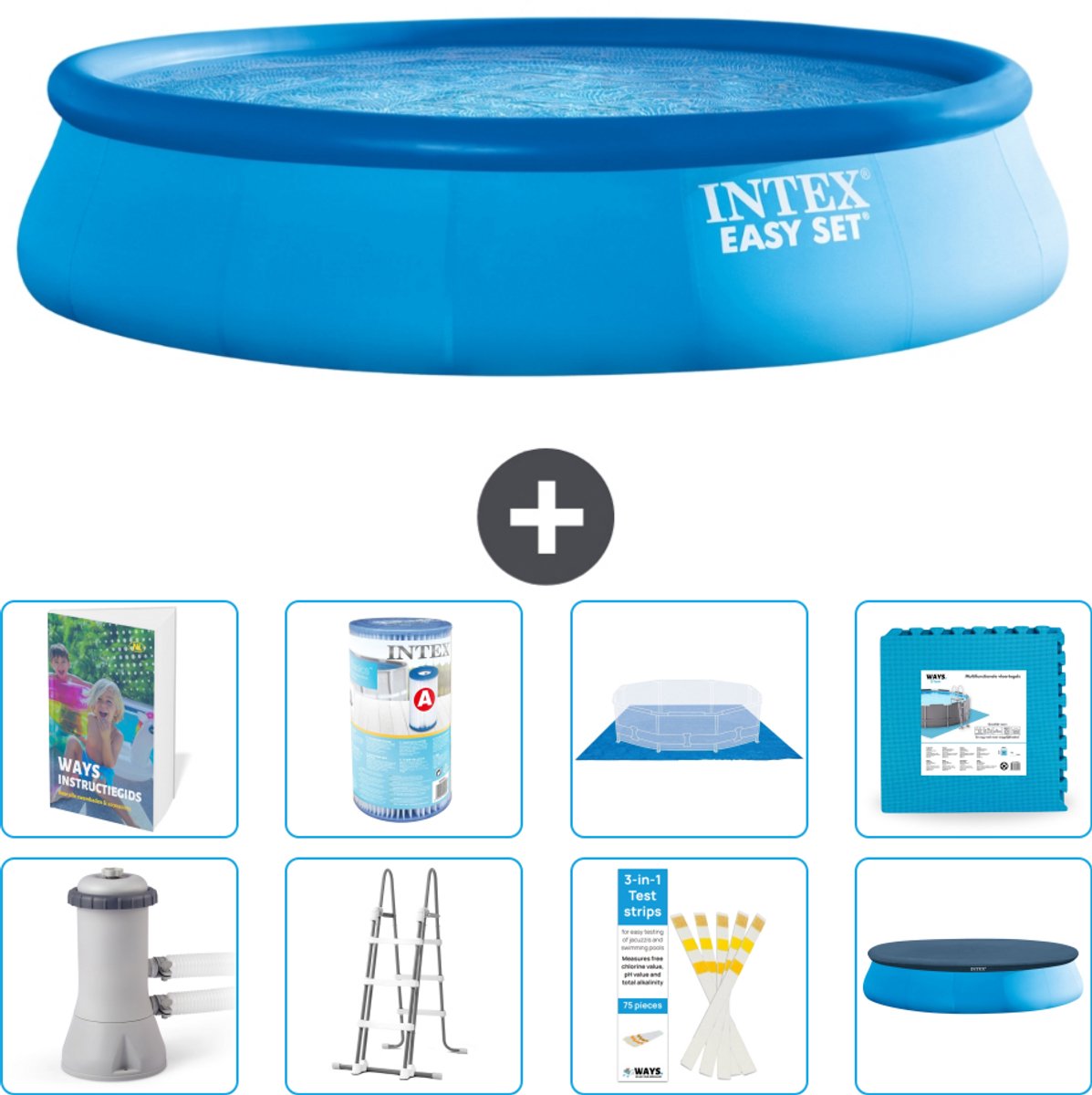 Intex Rond Opblaasbaar Easy Set Zwembad - 457 x 107 cm - Blauw - Inclusief Pomp - Ladder - Grondzeil - Afdekzeil - Filter - Vloertegels - 9-delig