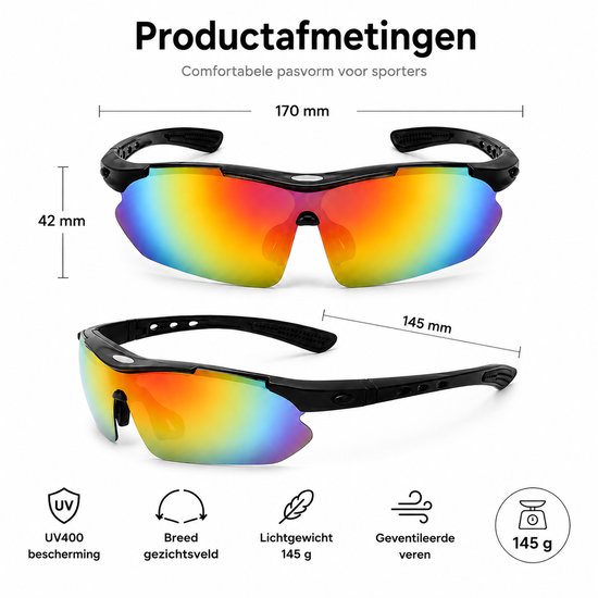 Polariserende Fietsbril met 5 Verwisselbare Lenzen - Sportbril voor Wielrennen MTB - Bril op Sterkte Mogelijk - Zwart — afbeelding 5