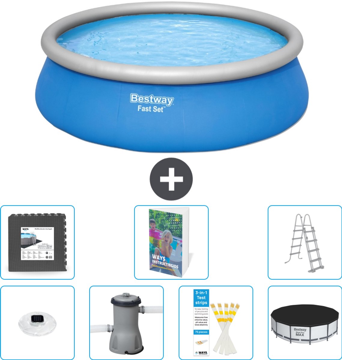 Bestway Rond Opblaasbaar Fast Set Zwembad - 457 x 122 cm - Blauw - Inclusief Pomp - Ladder - Afdekzeil - Vloertegels - Verlichting - 8-delig