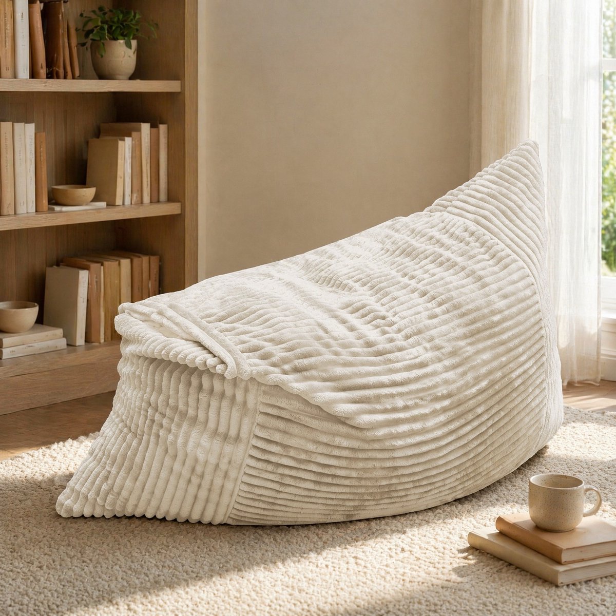 COVREO Zitzak 180x125 cm wit, ribstof 3-in-1 met traagschuimvulling