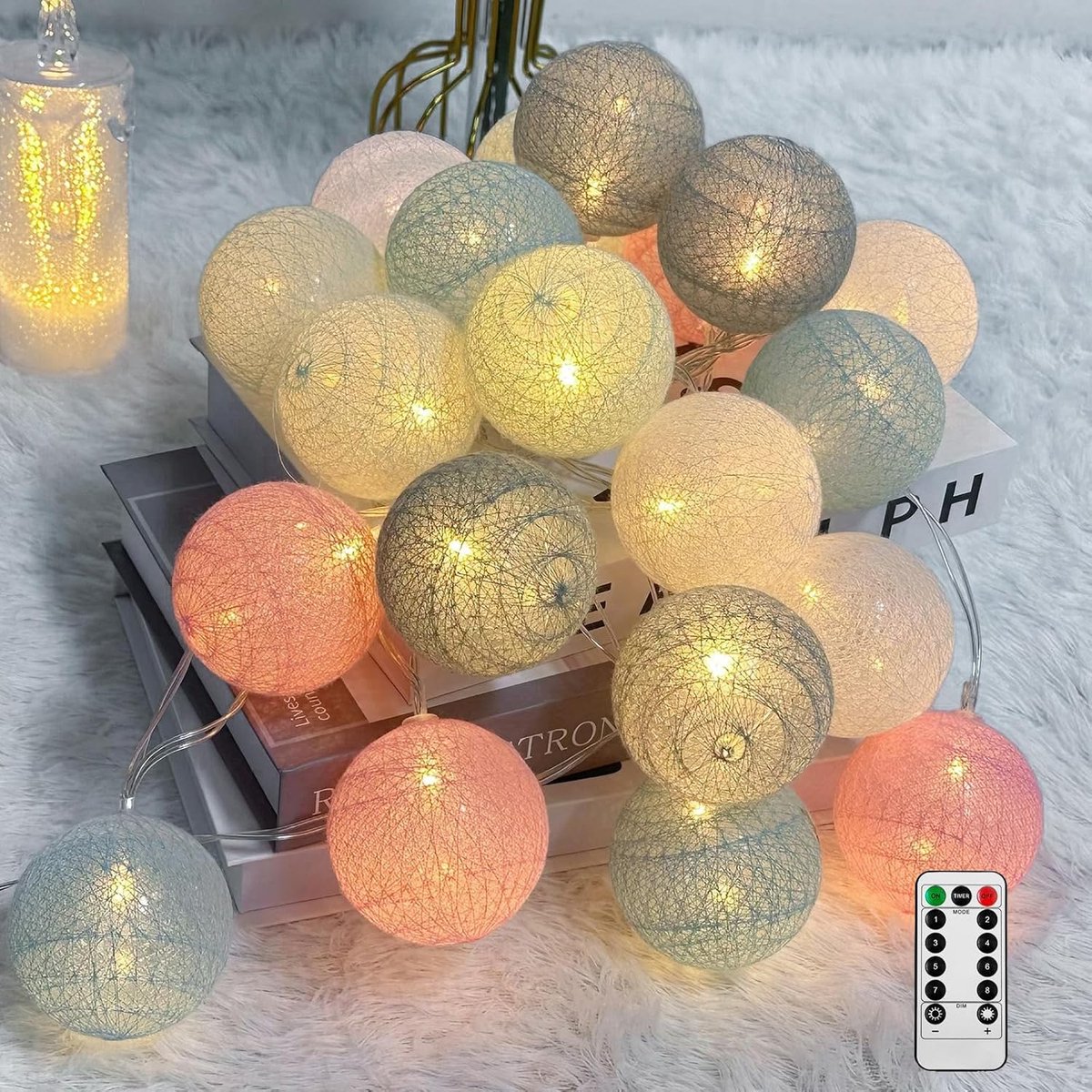 SnelShoppen - Katoenen Bolletjes Lichtslinger 20 LED Dimbaar met Afstandsbediening en Timer, Gezellige Binnenverlichting voor Kinderkamer, Feest, Kers