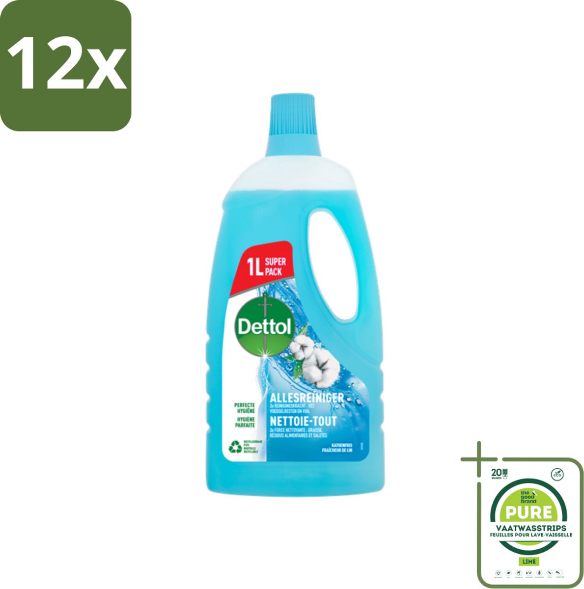 Dettol - Allesreiniger - Power & Fresh - Katoenfris - 1 liter - Voordeelverpakking - 12 stuks - Allesreiniger - Schoonmaakmiddel