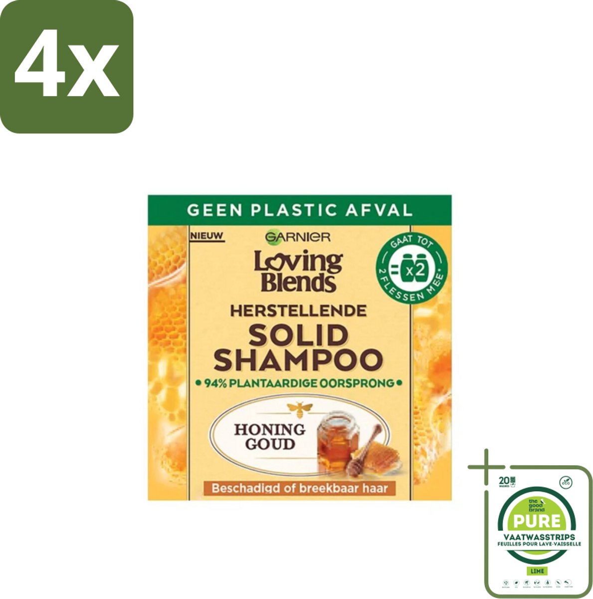 Garnier - Loving Blends - Solid Shampoo - Honing Goud - Beschadigd of Breekbaar Haar - 1 Fles Shampoo - Voordeelverpakking - 4 stuks - Vaste shampoo - Shampoo bar