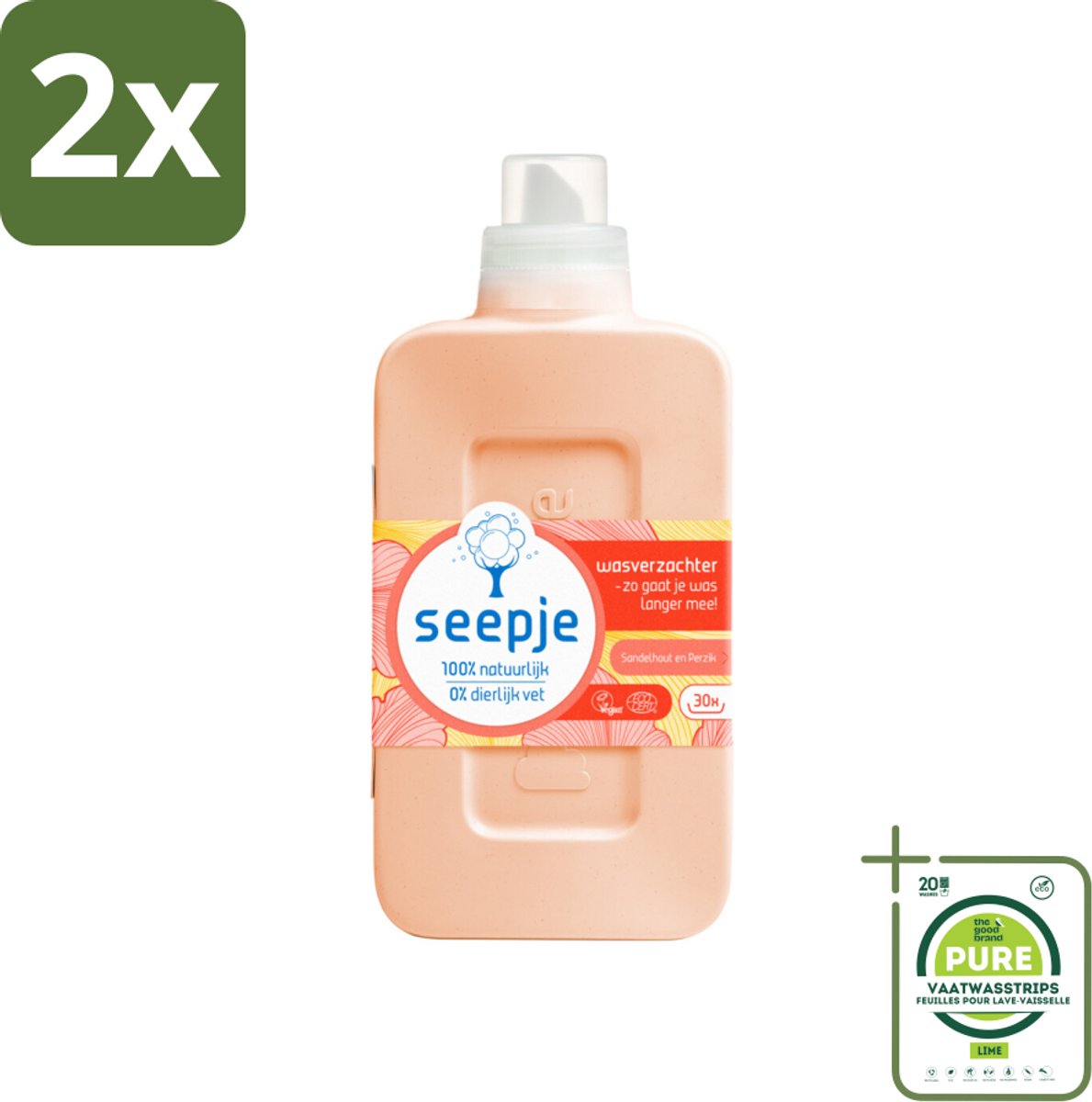 Seepje - Wasverzachter - Verzorgt en Verfrist - Sandelhout en Perzik - 30 Wasbeurten - 750 ml - Voordeelverpakking - 2 stuks - Wasverzachter - Wasmiddel