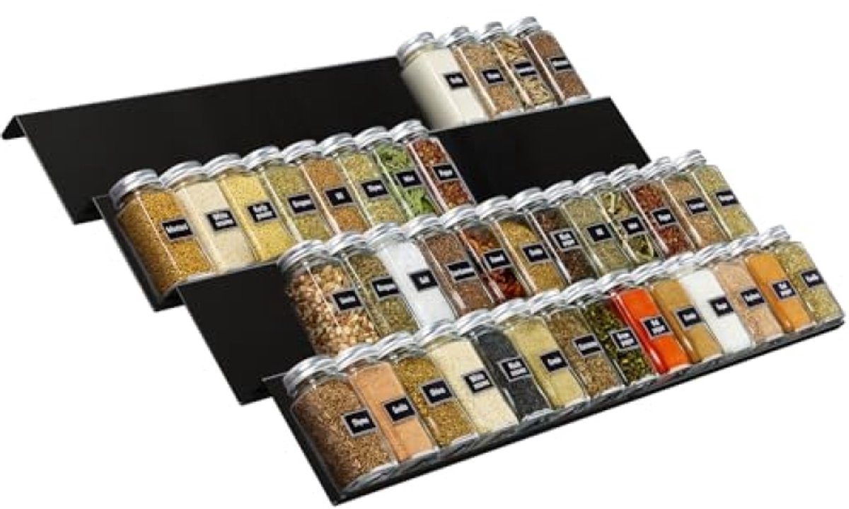 Kruidenrek 4 Etages Schuifladen voor 56 Kruidenflessen, Kruidenorganizer voor Lade 33-66 cm, Combineerbare Kruidenlade-inzetstuk - Zwart