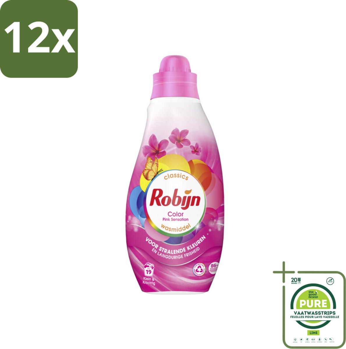 Robijn - Klein & Krachtig Classics Color Pink Sensation - Vloeibaar Wasmiddel - 19 Wasbeurten - Voordeelverpakking - 12 stuks - Wasmiddel - Gekleurde was