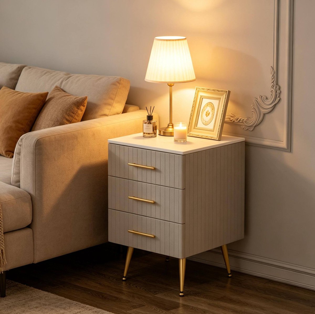 COVREO Bijzettafel 41 x 40,5 x 60 cm grijs, MDF en metaal, 3 lades