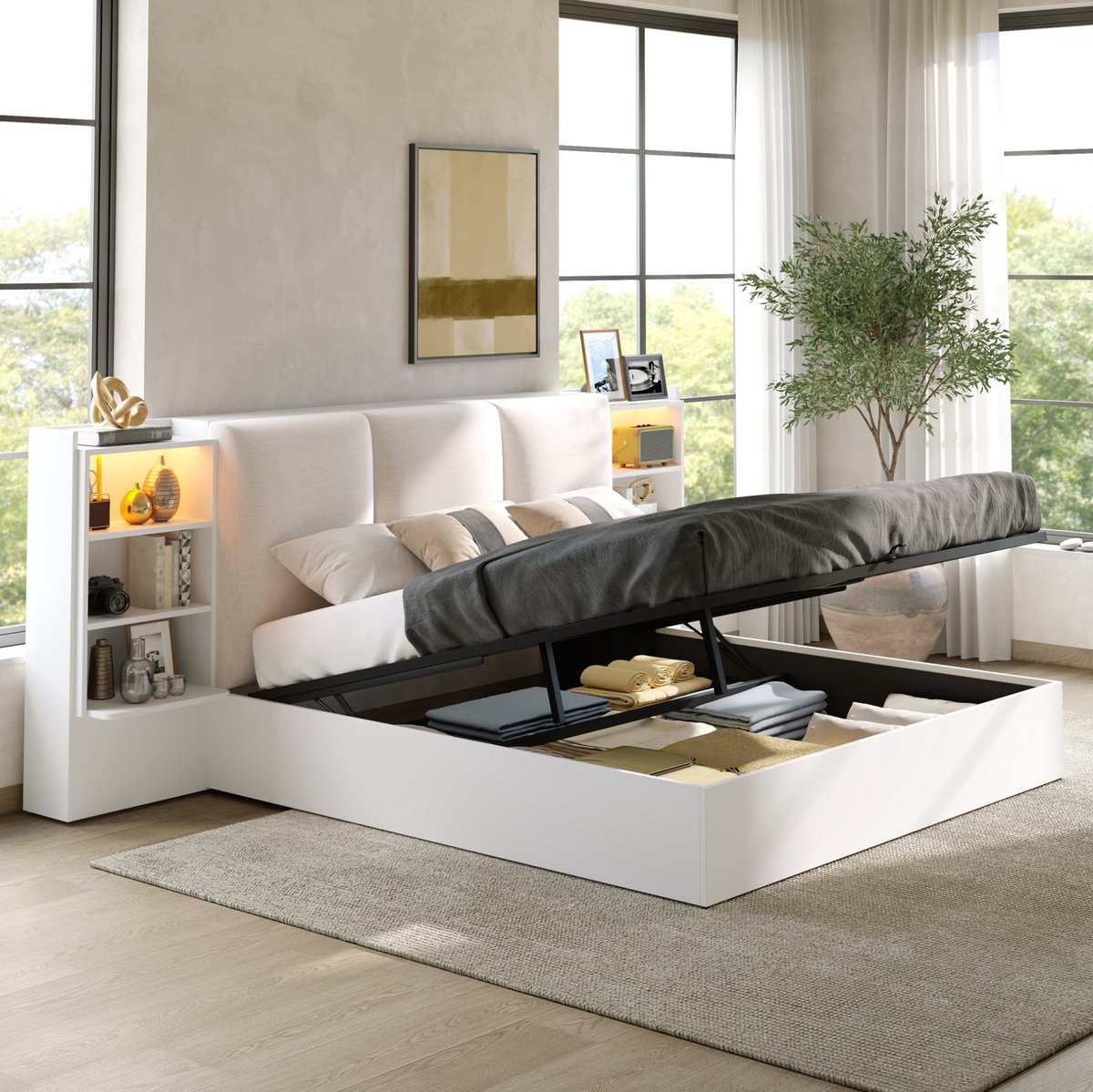 MIVRAY Bed 180x200 cm - Tweepersoonsbed Met Gepoeld Hoofdbord, LED-Verlichting En Opbergruimte - Met 6 Vakken - Hout En MDF - Wit - Zonder Matras