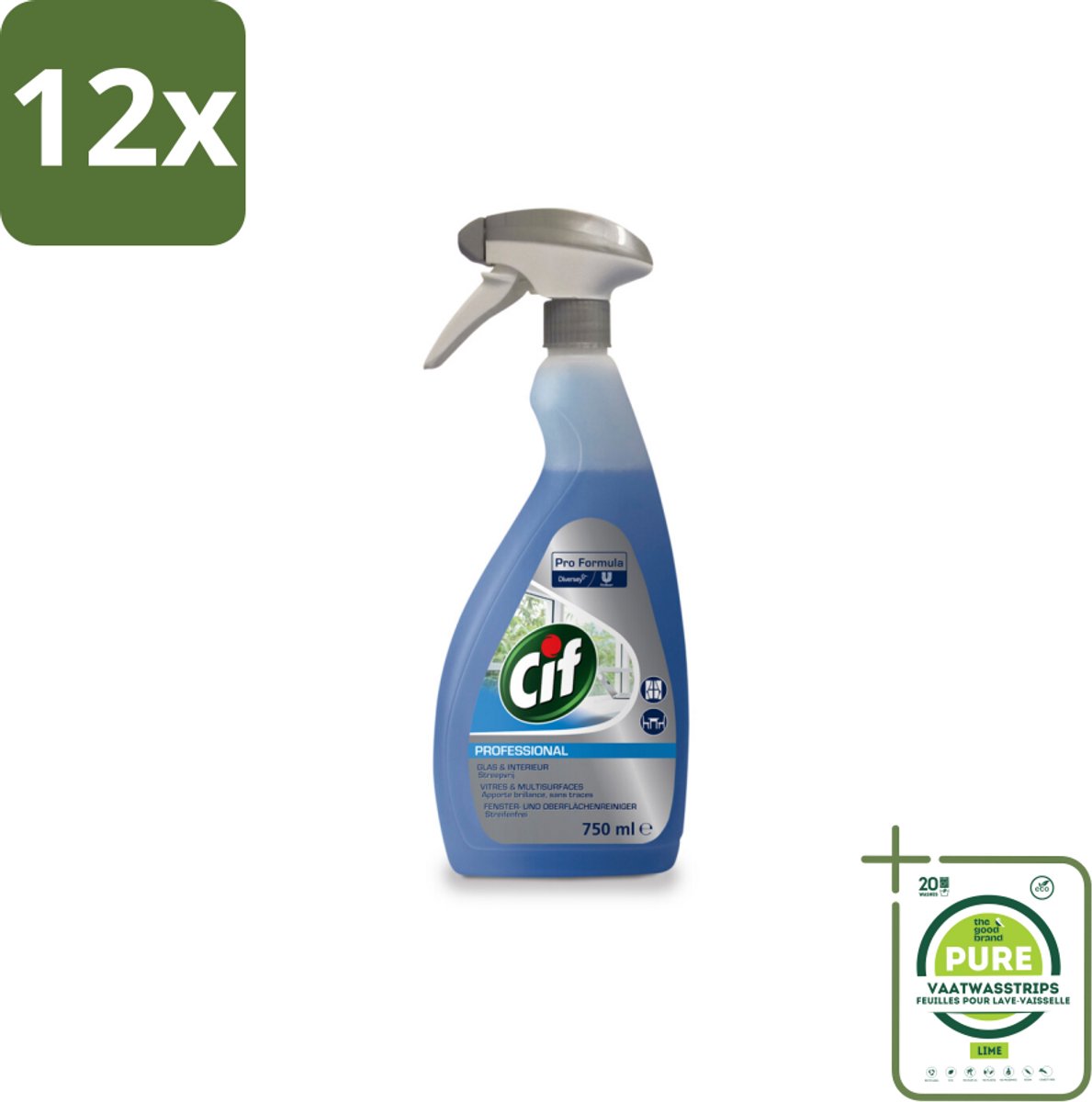 Cif Glas- en Ruitenreiniger - Spray - Streeploze Glans - Voor Ramen en Spiegels - 750 ml - Voordeelverpakking - 12 stuks - Glasreiniger - Ramen schoonmaken