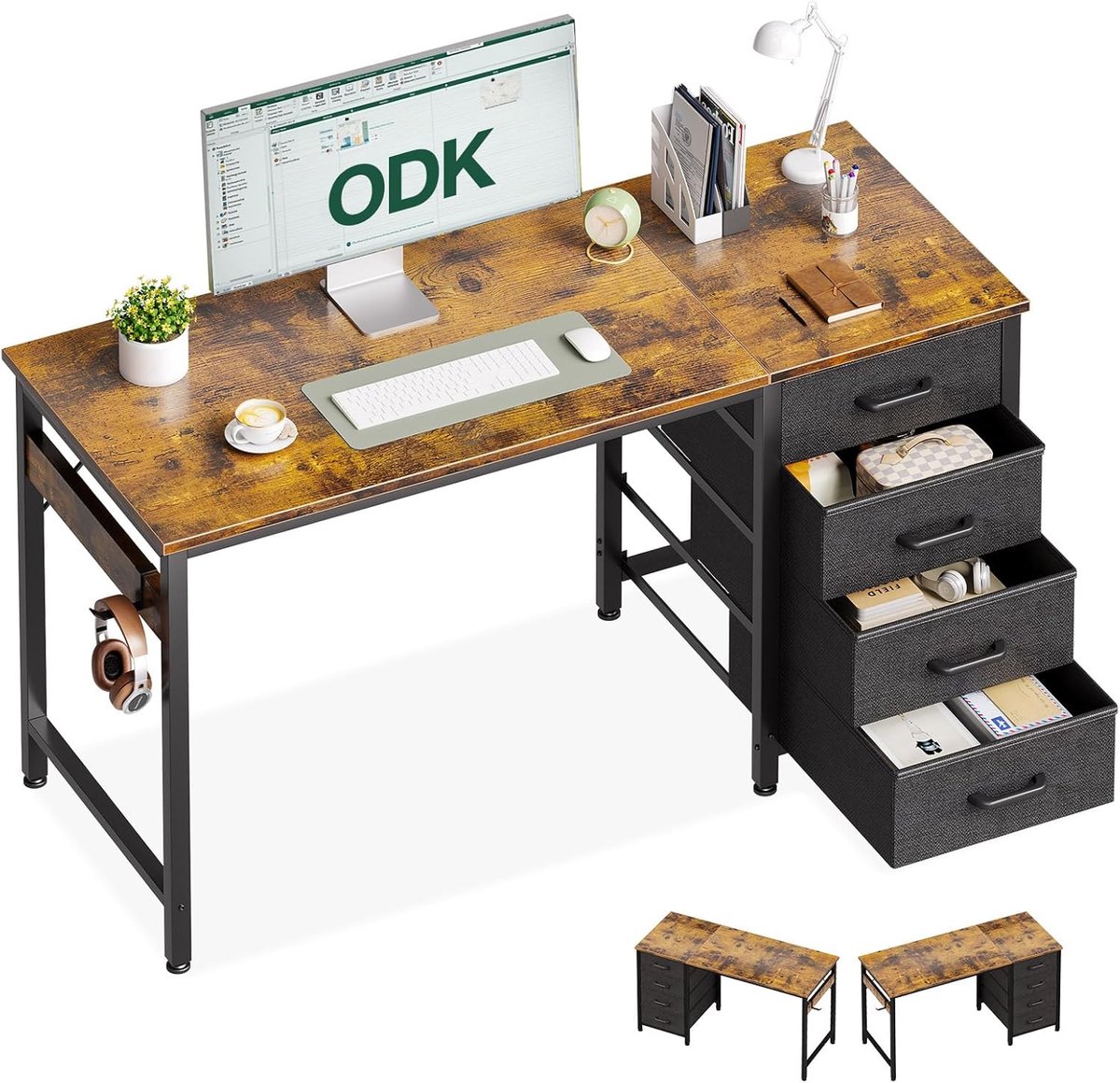 SnelShoppen - ODK Bureau 120x48cm Bruin met 4 Tyglades, Omkeerbaar Bureau met Hoofdtelefoonhaak voor Thuiswerk en Studie