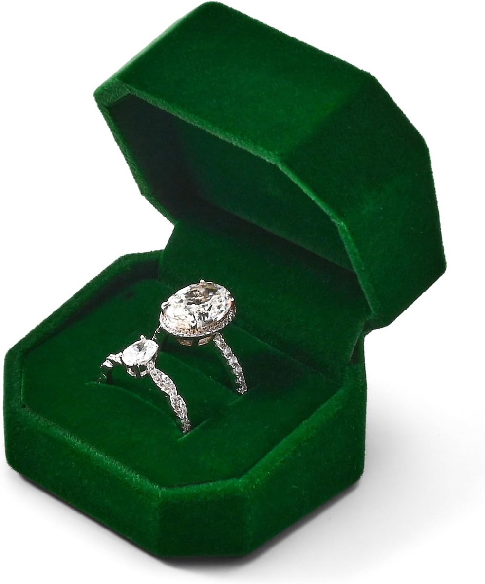 SnelShoppen - Donkergroene Velours Ringdoos Dubbele Ringdoos voor Verloving, Valentijnsdag, Bruiloft, Verjaardag