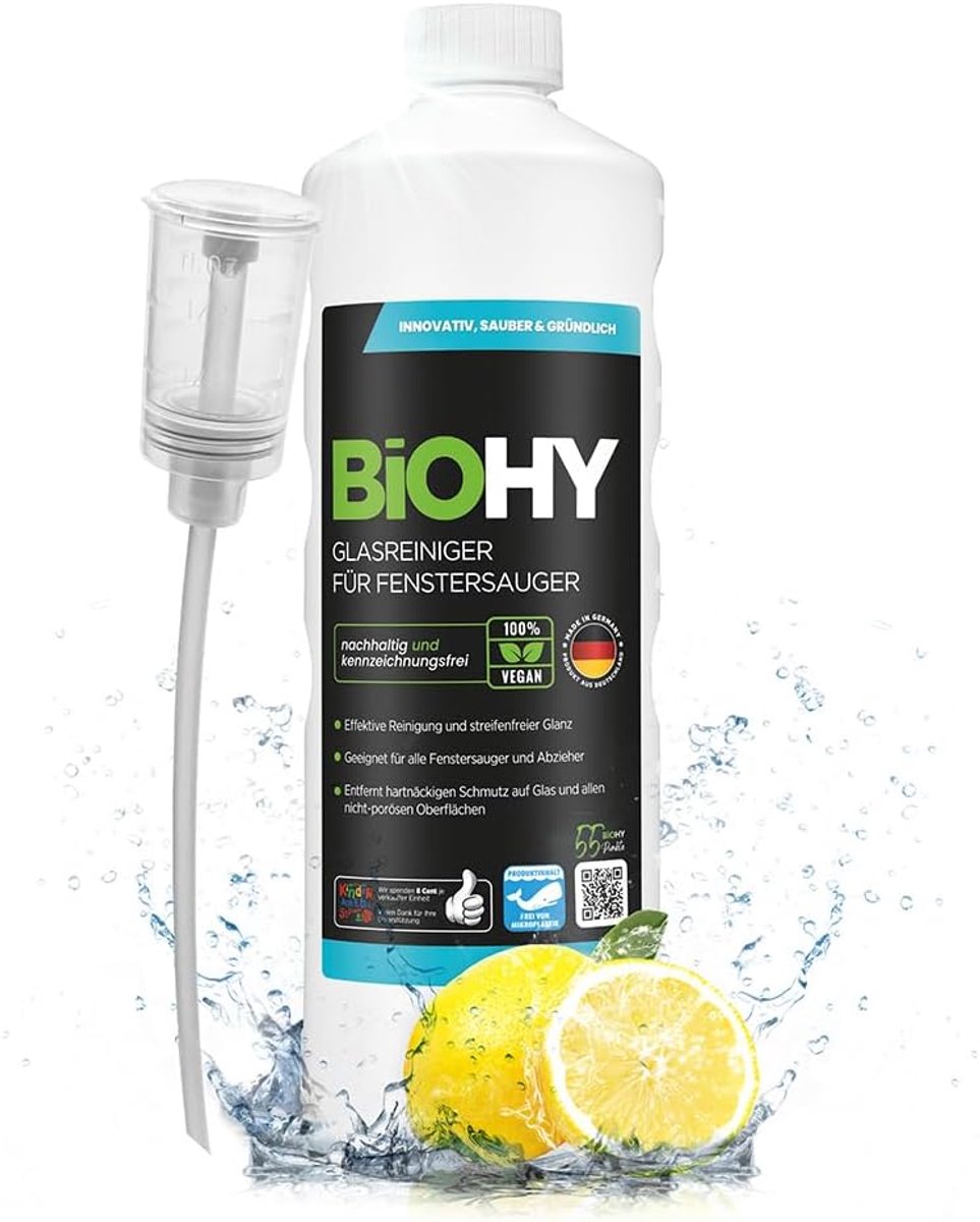 SnelShoppen - BiOHY Ruitenreiniger voor Vensterzuigers (1 liter) + Dispenser, Streeploos Schoonmaken, Natuurlijke Reiniging voor Alle Gladde Oppervlak
