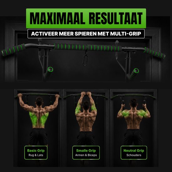 Man doet oefeningen met multi-grip optrekstang, met nadruk op rug en biceps.