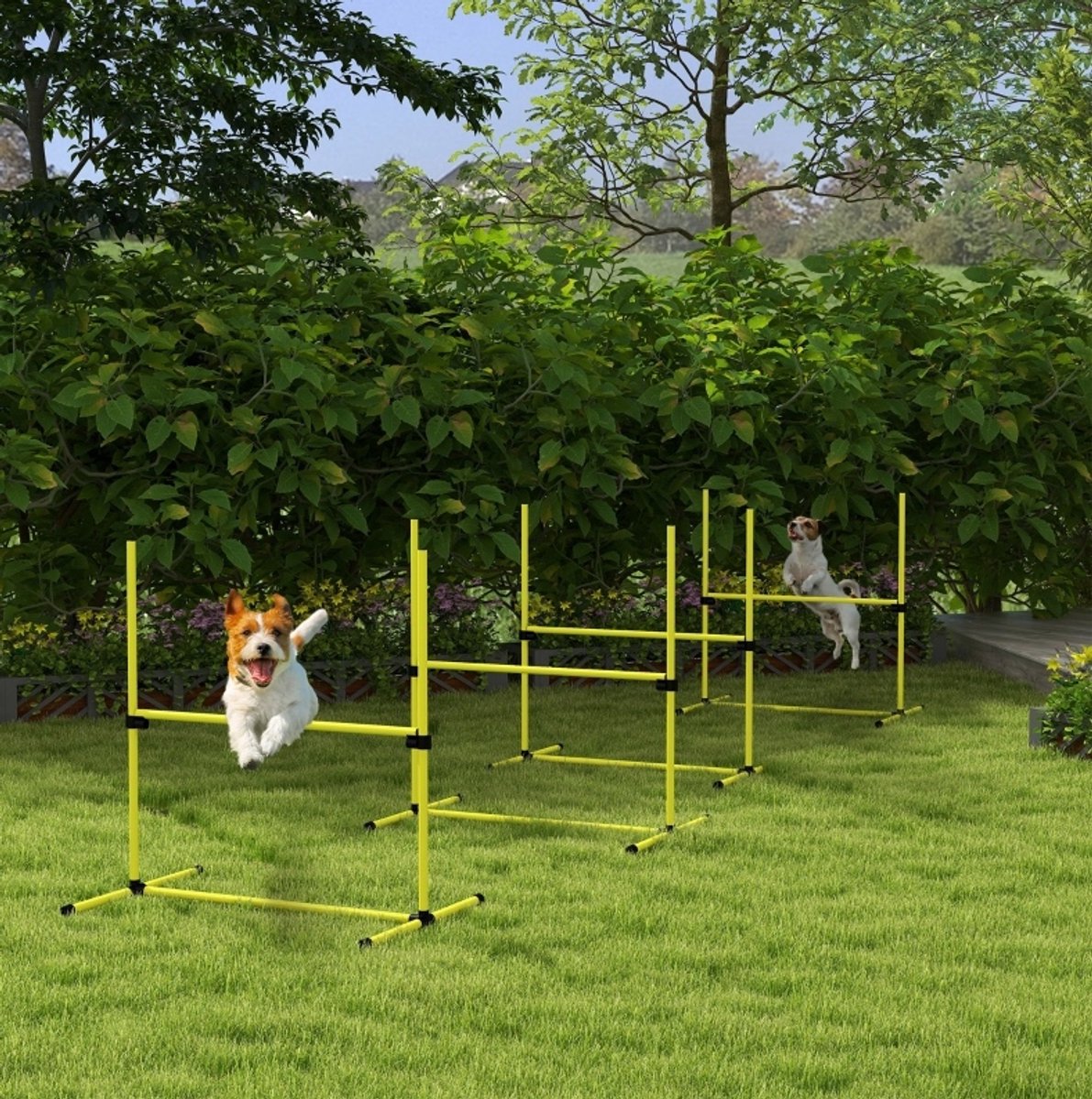 REDOM - Hunde Agility-Set - Horden met hoogteverstelling - Slalomstangen en bodemstangen - Met draagtas - Kunststof - Geel - 99 x 65 x 94 cm