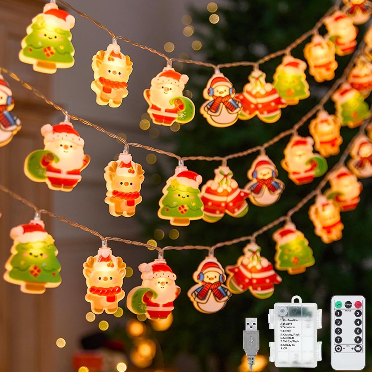 Decoratieve kerstlichtketting, 3,8 m, 25 leds, werkt op batterijen, 8