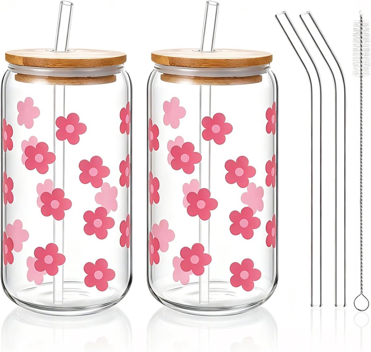 2 stuks Matcha glas met deksel en rietje, 473 ml bloemen glazen bekers, drinkglazen Bubble Tea bekers ijskoffie glas, roze drinkglas met rietje en deksel voor Bubble Tea Cocktail