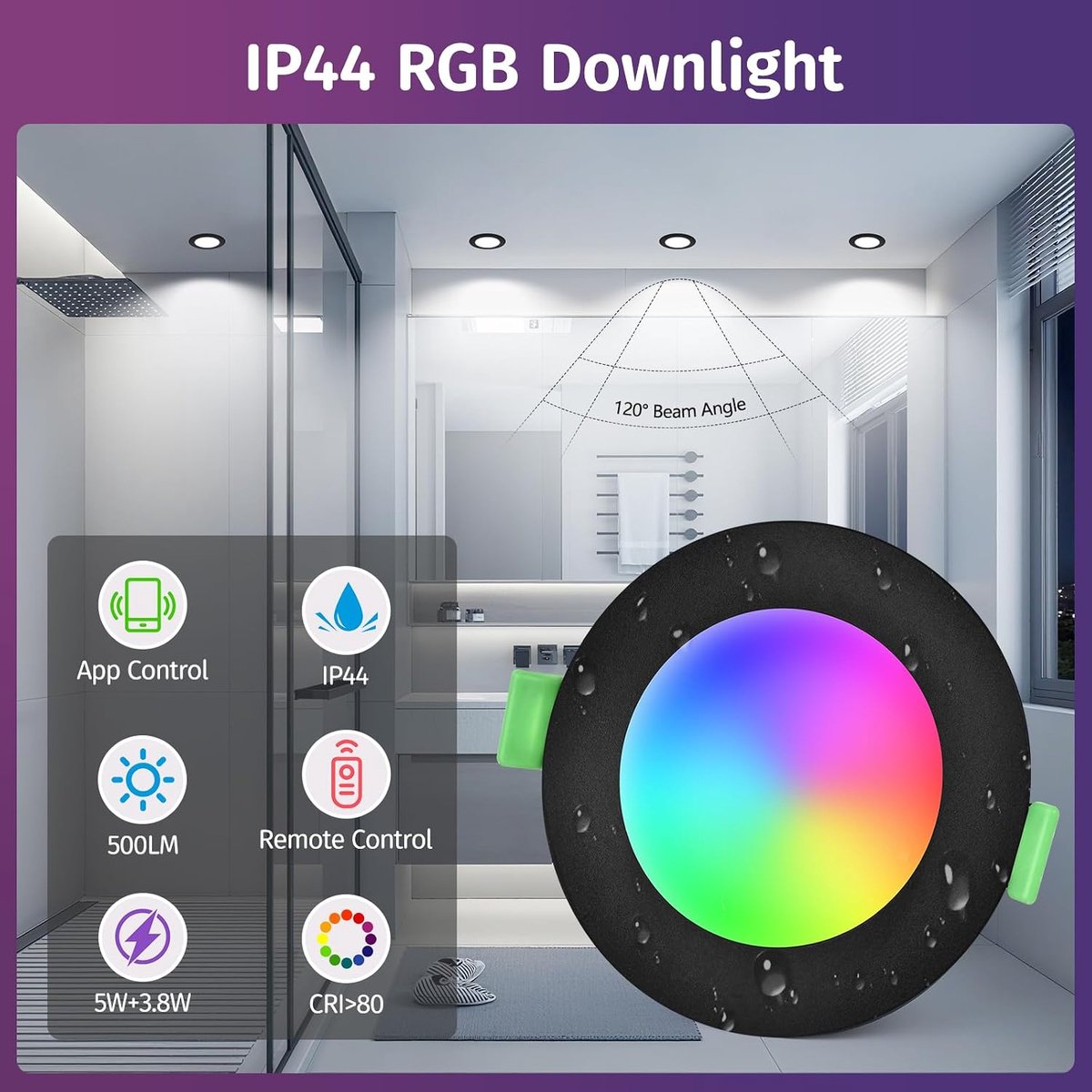 LED-inbouwspot RGB 5W 230V IP44 2700-6500K 65-80MM 4PCS Zwart | YindaLux 500LM Inbouwlamp Dimbaar besturing via App & afstandsbediening LED Spots voor badkamer en woonkamer
