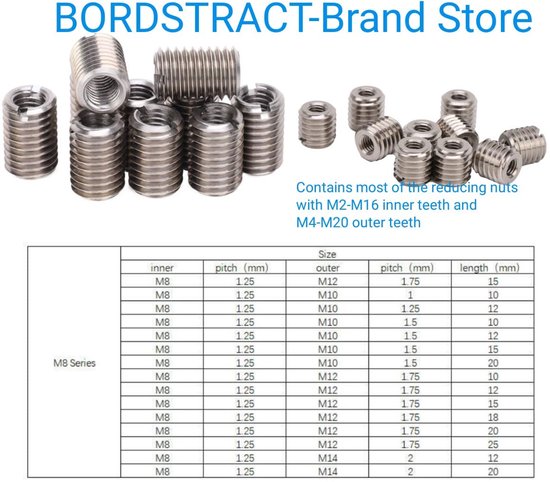 Reduceermoer met buitendraad, 10 stuks M8 x 1,25 -M10 x 1,5-15 mm roestvrij stalen schroefmoer bevestigingsmateriaal — afbeelding 2
