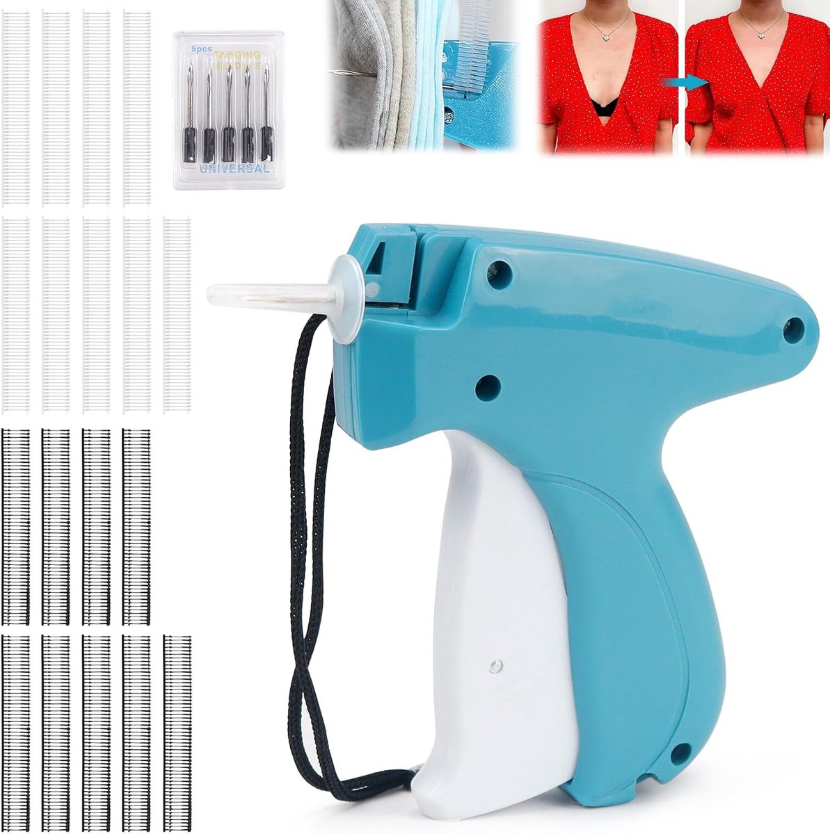 Stitchy Quick Clothing Fixer, Micro Stitchy pistool, snel fixeerapparaat voor kleding, mini-steekzoompistool, snel kledingfixeerapparaat met 5 naalden, 1000 plastic naalden