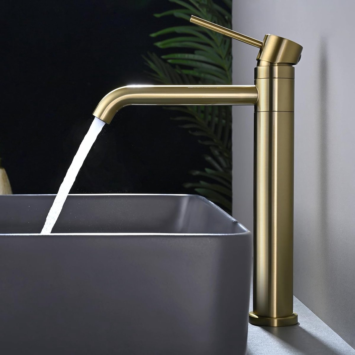 Kraan bad hoog DETBOM, mengkraan 360° draaibaar, geborsteld goud | Eengreepsmengkraan wastafel badkamer voor opzetwastafels, warm- en koudwaterkranen, wateruitlaathoogte 204 mm