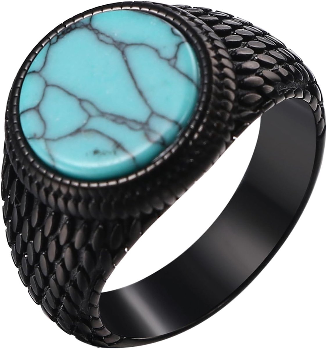 Herenring met turquoise steen, zilver/goud/zwart, roestvrijstalen