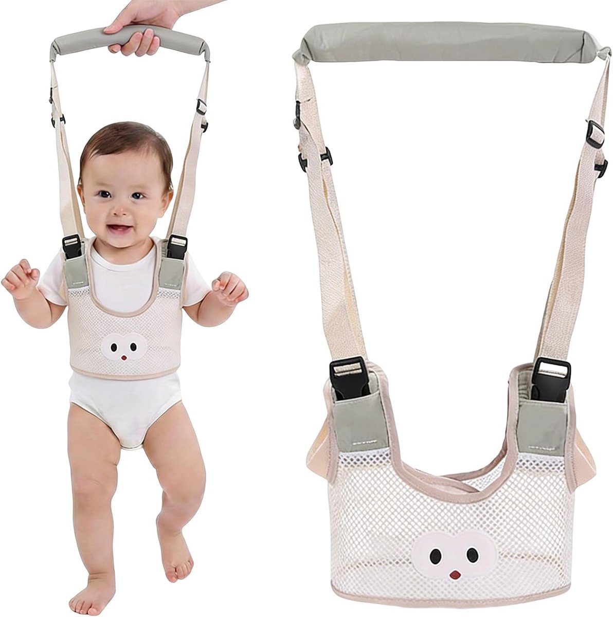 anti-verlies baby loop harnas, mesh crèmekleurig steunharnas voor leert lopen baby, antiverlies veiligheidsharnas voor peuters thuis en buiten, verstelbaar loophulpmiddel voor baby's (beige netstof)