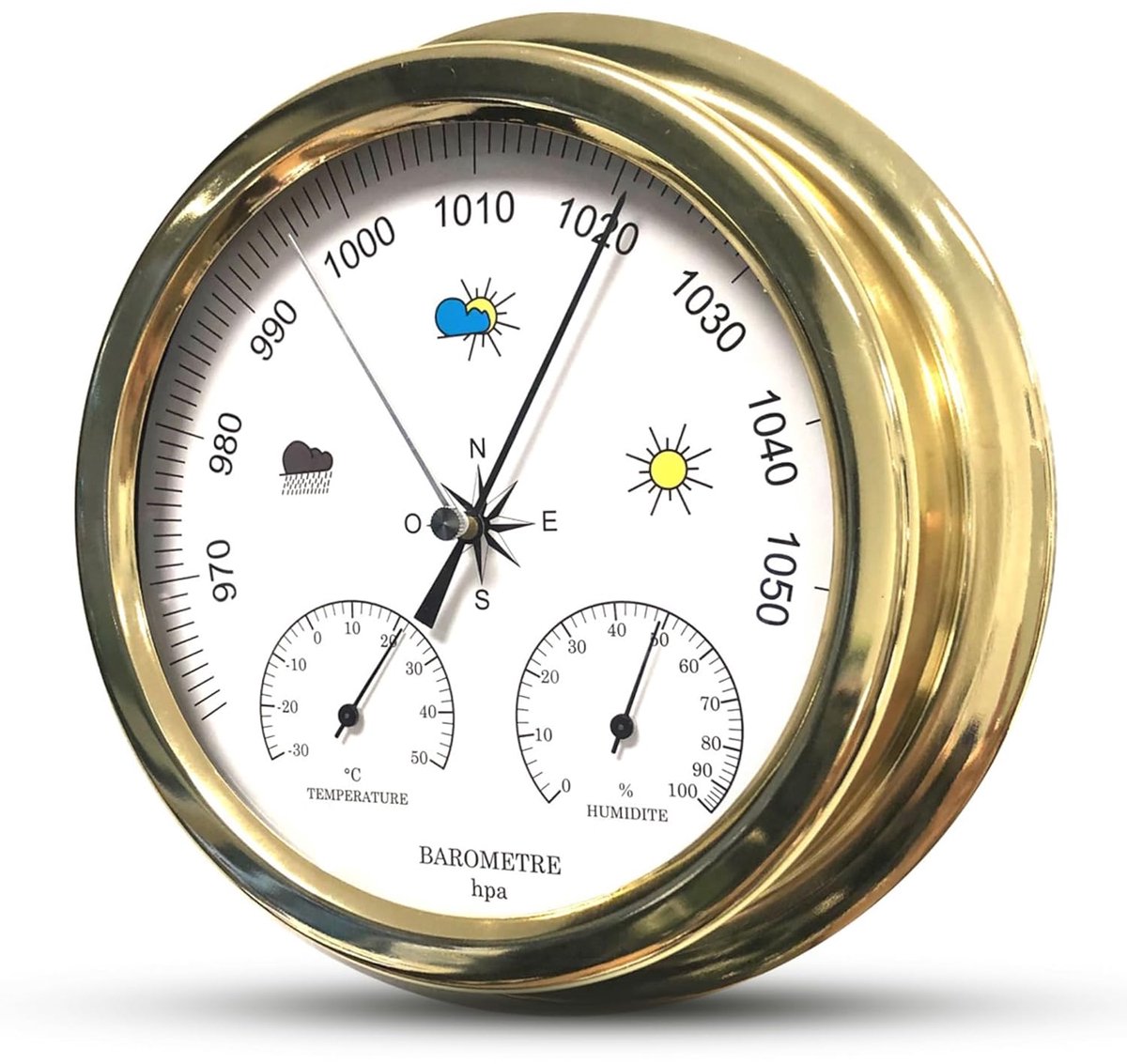 Elegante analoge mechanische barometer met thermometer en hygrometer, goudkleurig frame, 22,5 cm, weersvoorspelling door atmosferische druk