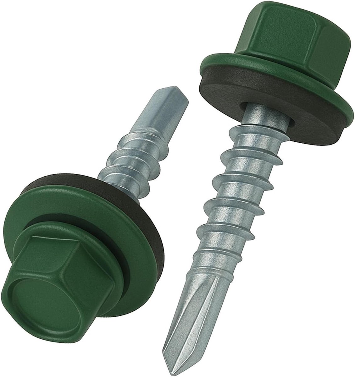 4.8 mm x 25 mm Dakschroeven, Zeskantkop, Zelfborend, Meerkleurig (RAL 6005 Mosgroen) Schroeven Met EPDM Afdichtring, Roestbestendige Verzinkte Geharde schroef (50 Stuk)