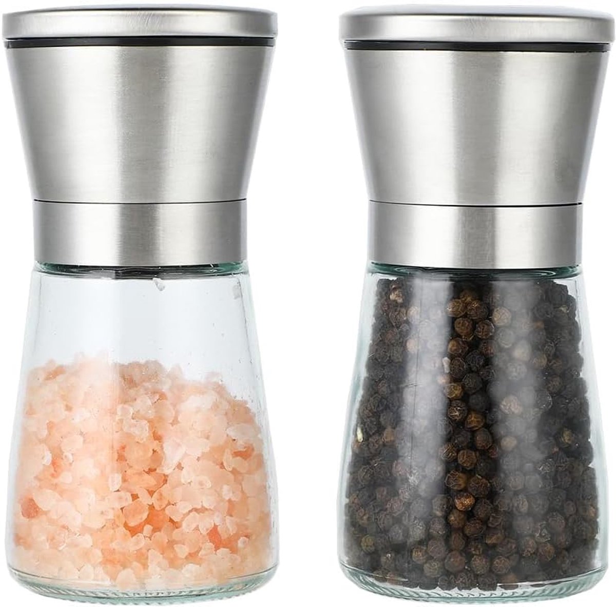 Zout- en pepermolen van roestvrij staal, met verstelbaar keramisch maalwerk voor fijne of grove korrels, transparant glas, ideaal voor specerijen, 180 ml, 2 stuks