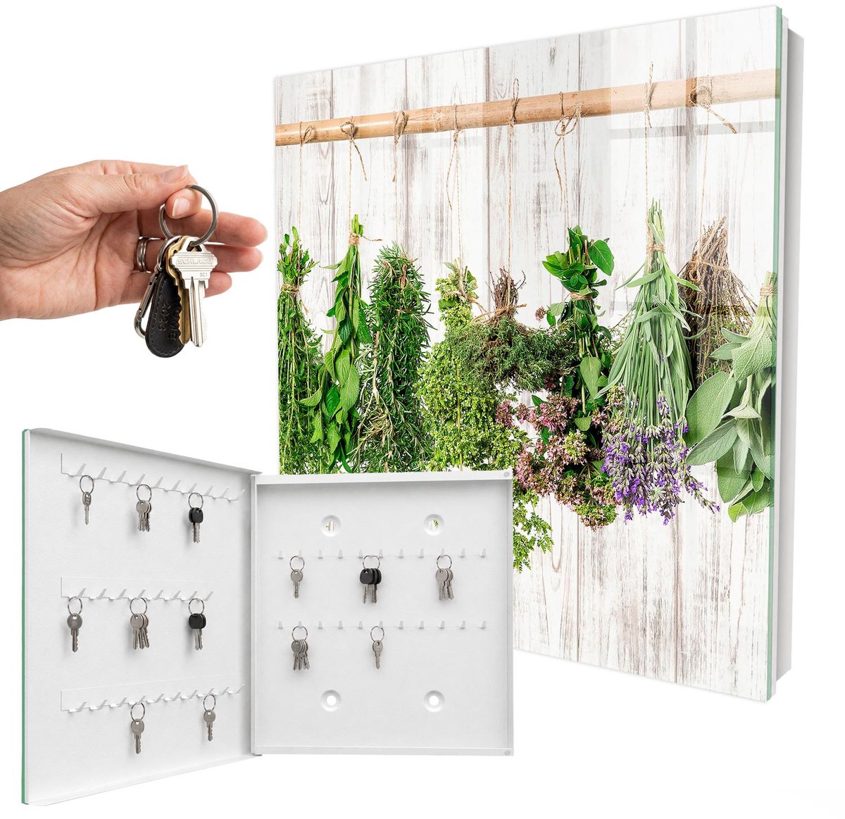 WallMuralia - Sleutelkast - 30x30x5 cm - met 50 haken - Gedroogde Kruiden Sleutelkastje Binnen - Groente Sleutelbox - Linksopenend - Wit interieur