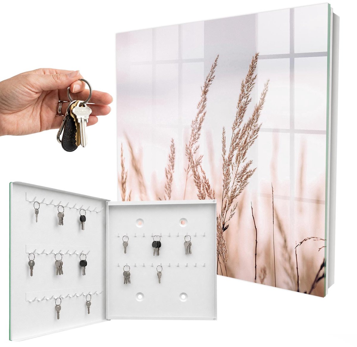 WallMuralia - Sleutelkast - 30x30x5 cm - met 50 haken - Grassen In De Wind Sleutelkastje Modern - Beige Sleutelbox - Linksopenend - Wit interieur