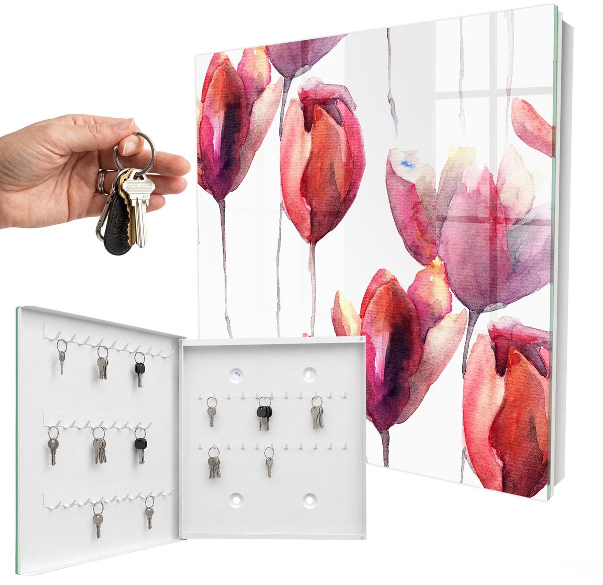 WallMuralia - Sleutelkast - 30x30x5 cm - met 50 haken - Aquarel Tulpen Sleutelkastje Gang - Rood Sleutelbox - Linksopenend - Wit interieur