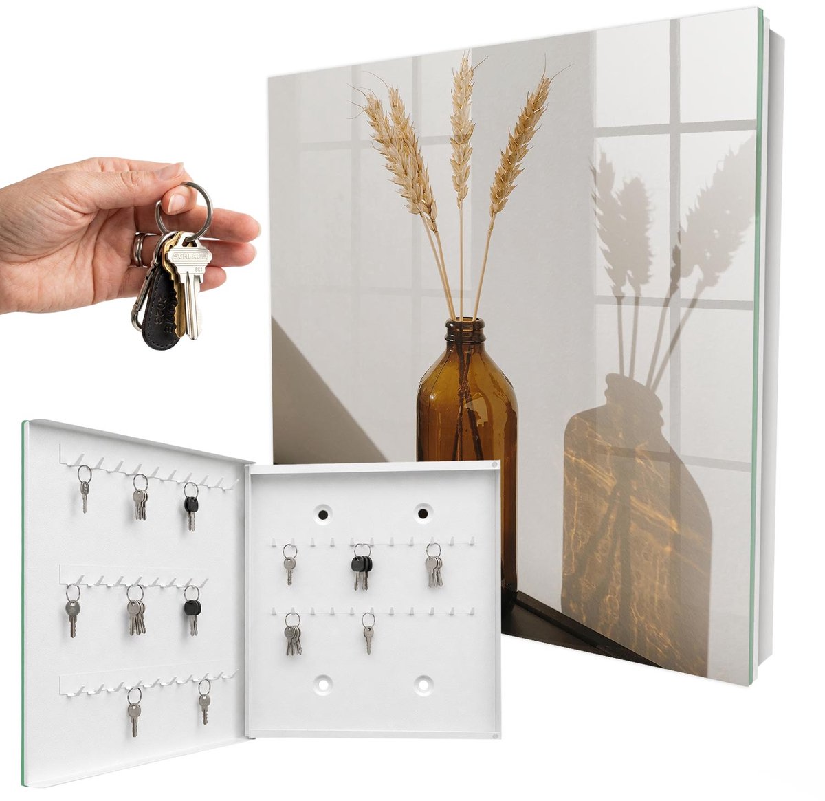 WallMuralia - Sleutelkast - 30x30x5 cm - met 50 haken - Een Fles Ontbijtgranen Sleutelkastje Industrieel - Beige Sleutelbox - Linksopenend - Wit interieur