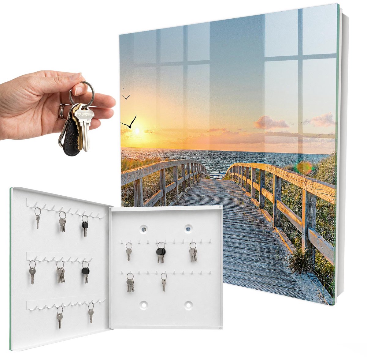 WallMuralia - Sleutelkast - 30x30x5 cm - met 50 haken - Oceaanpad Sleutelkastje Industrieel - Blauw Sleutelbox - Linksopenend - Wit interieur