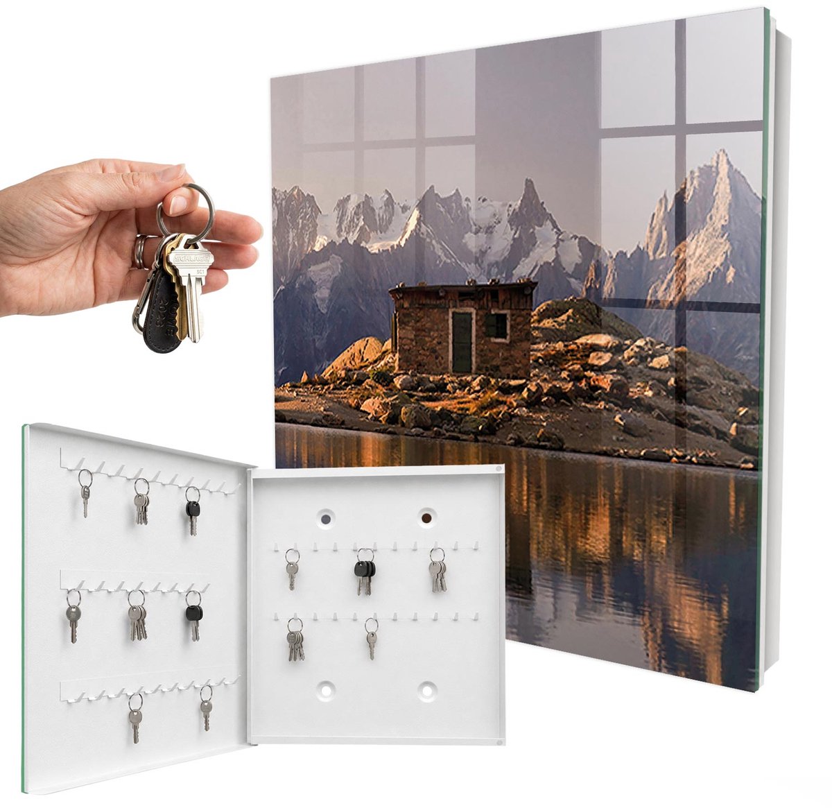 WallMuralia - Sleutelkast - 30x30x5 cm - met 50 haken - Bergvrede Sleutelkastje - Bruin Sleutelbox - Linksopenend - Wit interieur