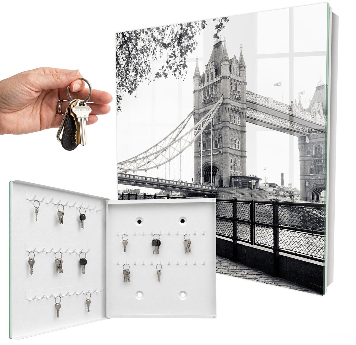 WallMuralia - Sleutelkast - 30x30x5 cm - met 50 haken - Gotische Brug Sleutelkastje Modern - Zwart-Wit Sleutelbox - Linksopenend - Wit interieur