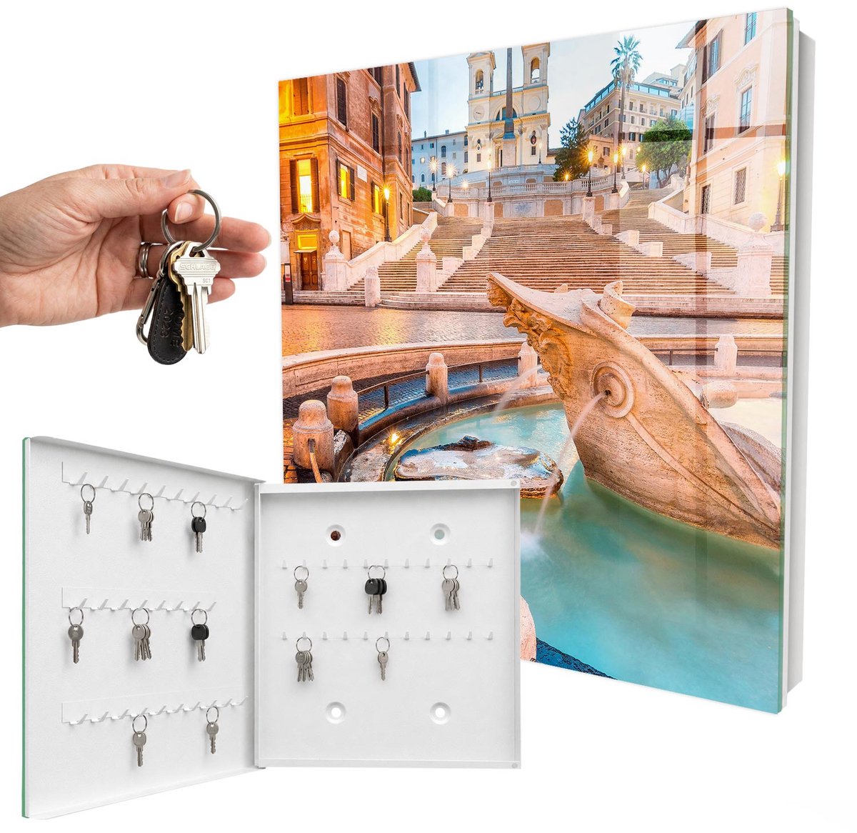 WallMuralia - Sleutelkast - 30x30x5 cm - met 50 haken - Stedelijke Elegantie Sleutelkastje - Beige Sleutelbox - Linksopenend - Wit interieur